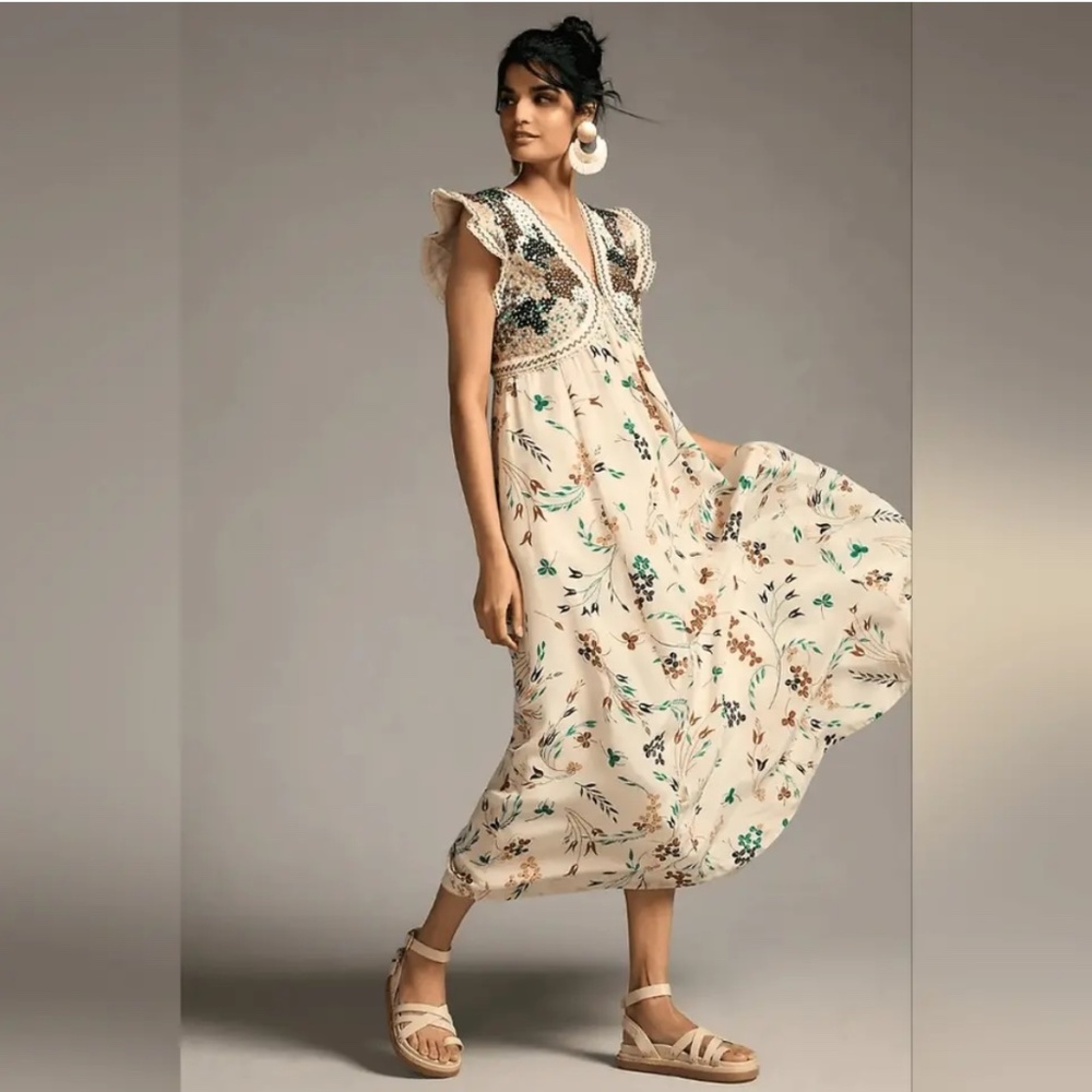 - Anthropologie Printed V Neck Maxi Dress Floral Crochet Bodice Ivory Comb…